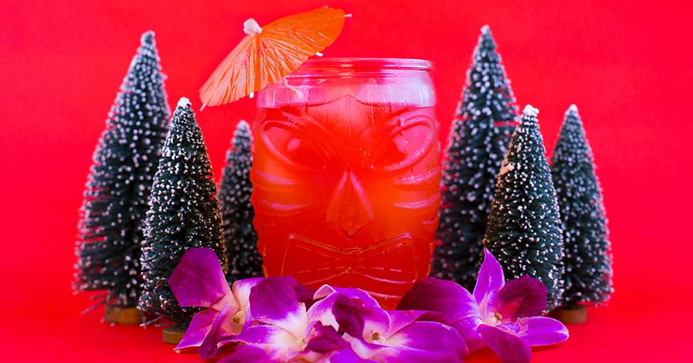 Holiday Tiki Cocktail with Bottle Brush Trees