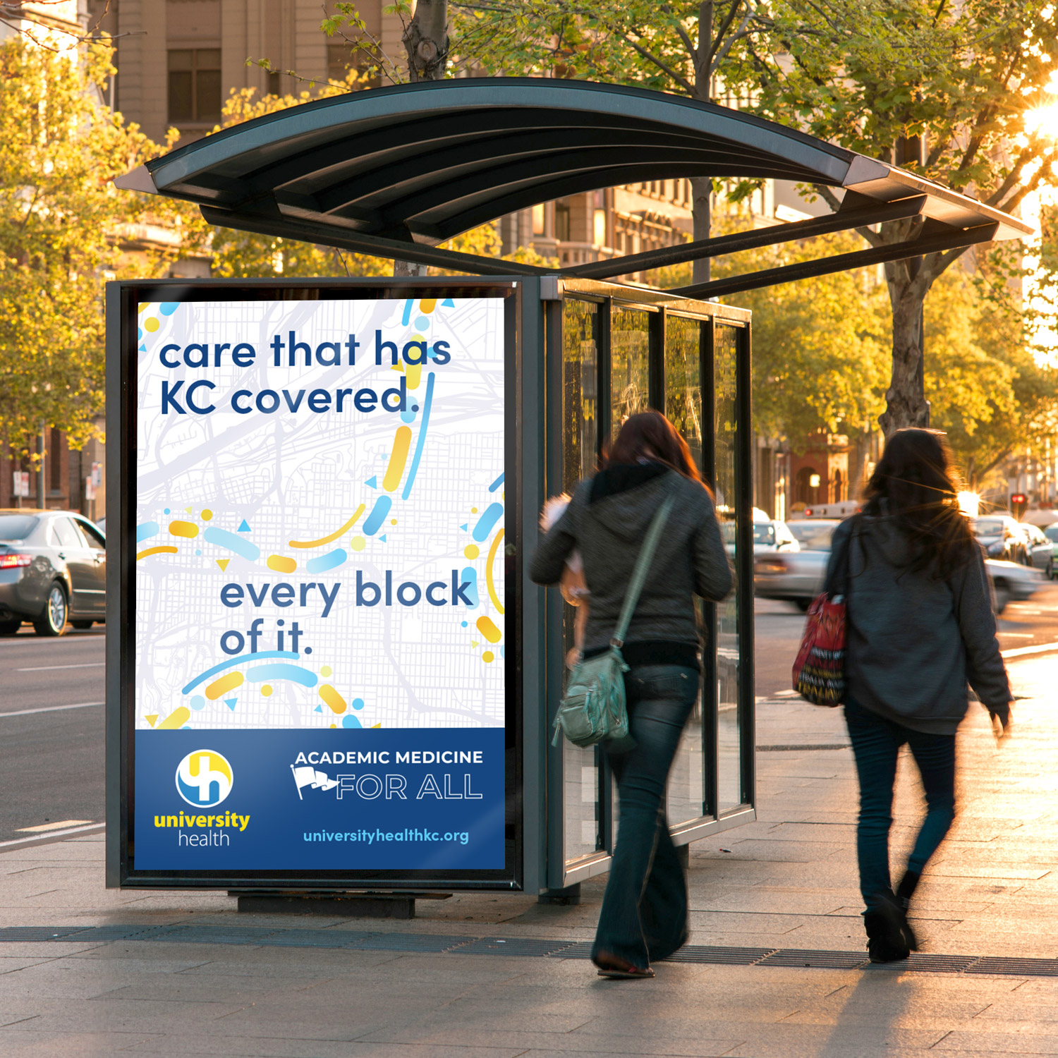Bus stop billboard that says 
