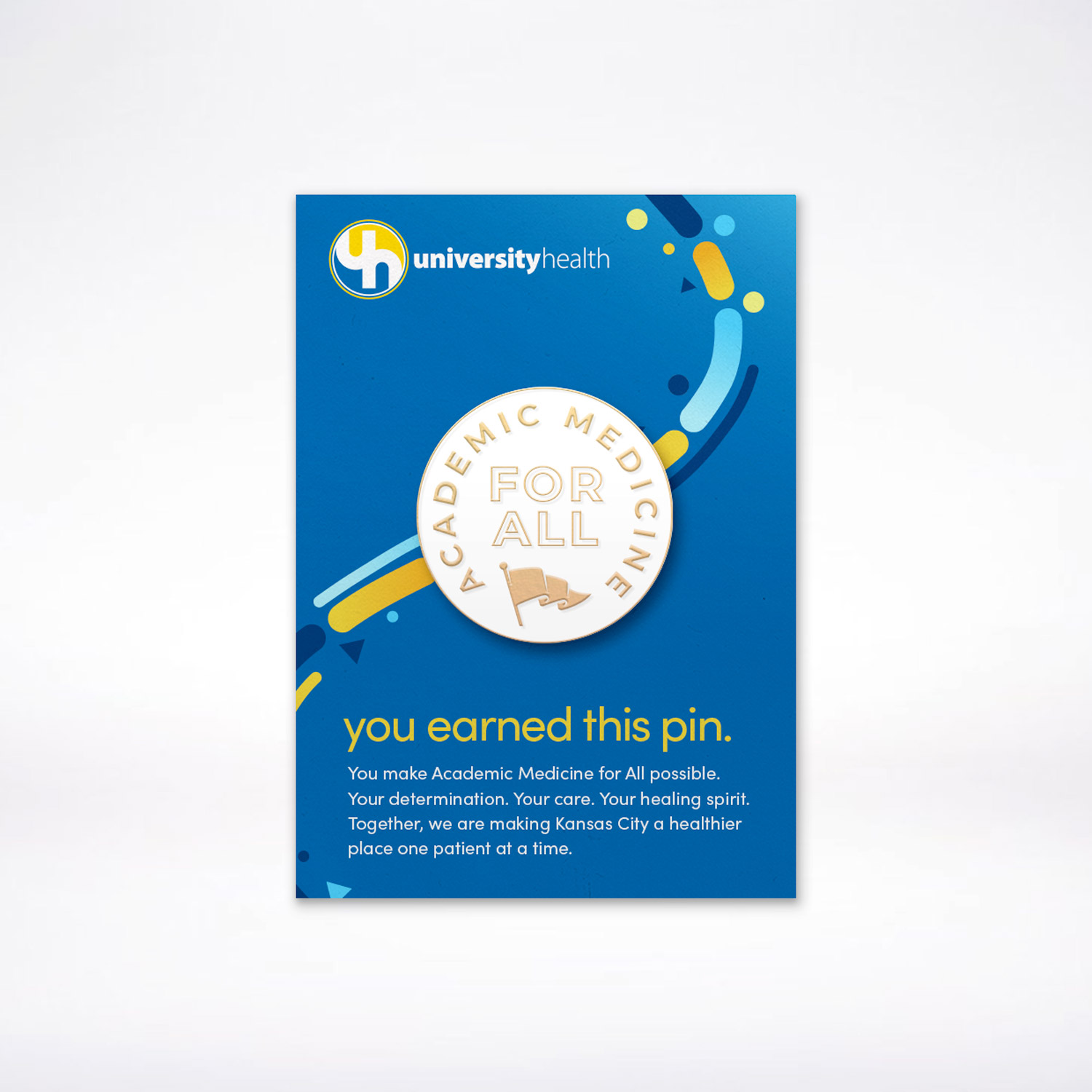 Enamel pin for employees that says 